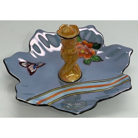 Lusterware Art Deco Noritake Blue Floral Butterfly Ring Trinket Tidbit Soap Dish - Picture 3 of 13